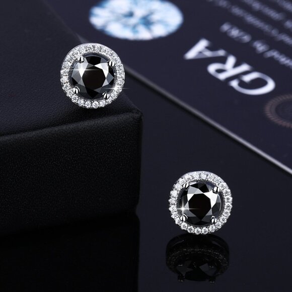 💎 NEW Certified 1ct. t.w.Dazzling Black Moissanite Halo Studs | 925 Silver - Picture 1 of 7